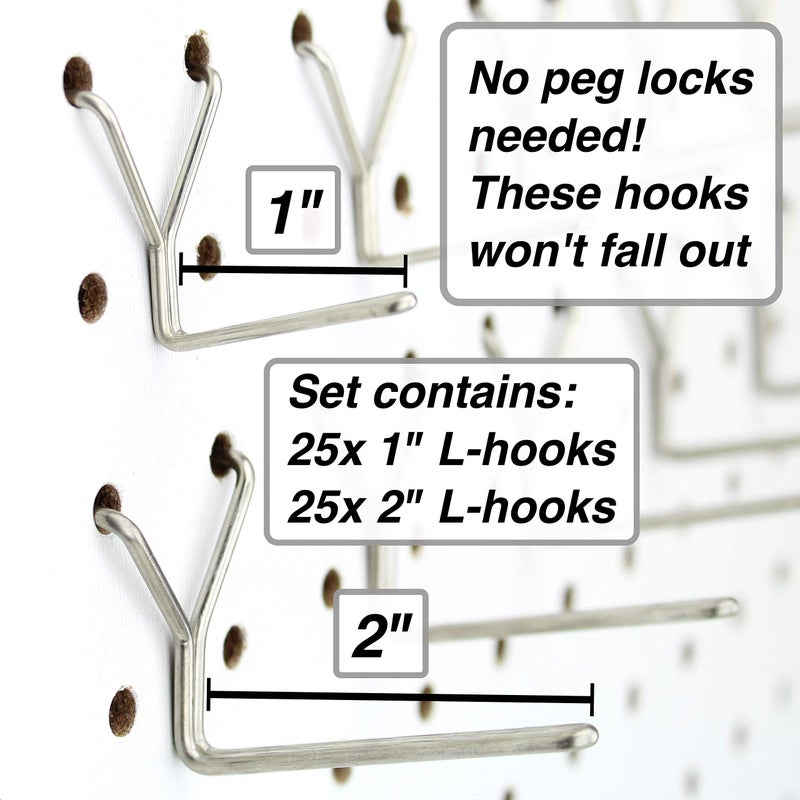 Right Arrange Stainless Steel Pegboard Hooks 50-Pack 1" + 2â€ L Hook - Will Not Fall Out, Fits Any Peg Board - Organize Tools, Accessories, Workbench, Garage Storage, Kitchen, Crafts, Jewelry, Retail - Image 2